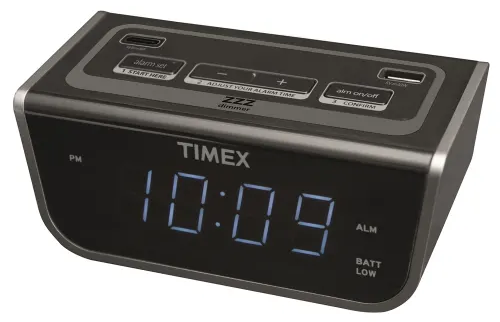 Timex, LED Single Day Alarm Clock, w/ USB-A and USB-C, Black